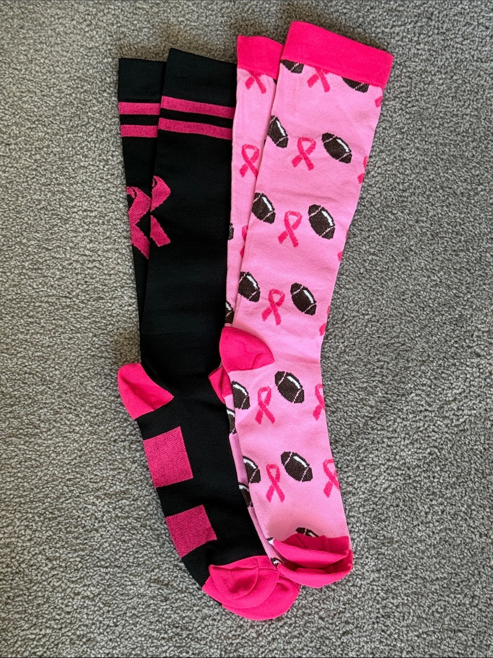 2 PAIR Knee-High COMPRESSION SOCKS. Pink w/Footballs & Black w/Pink, Awareness.